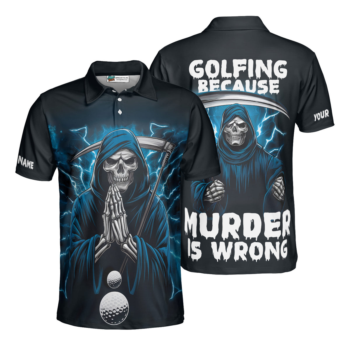 Custom Name Skeleton Golf Polo Shirt Golfing Because Murder Is Wrong Men's