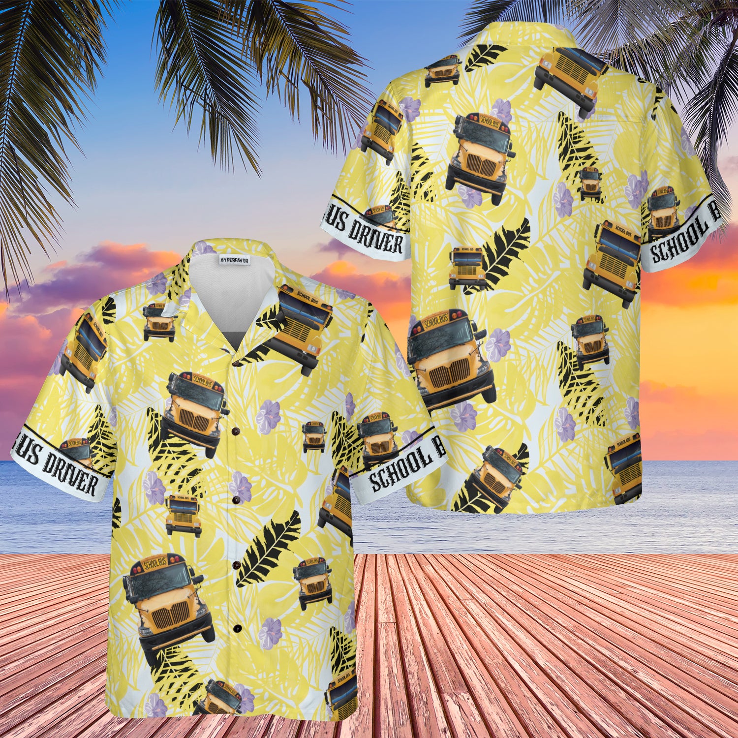 HYPERFAVOR Yellow Tropical School Bus Hawaiian Shirt