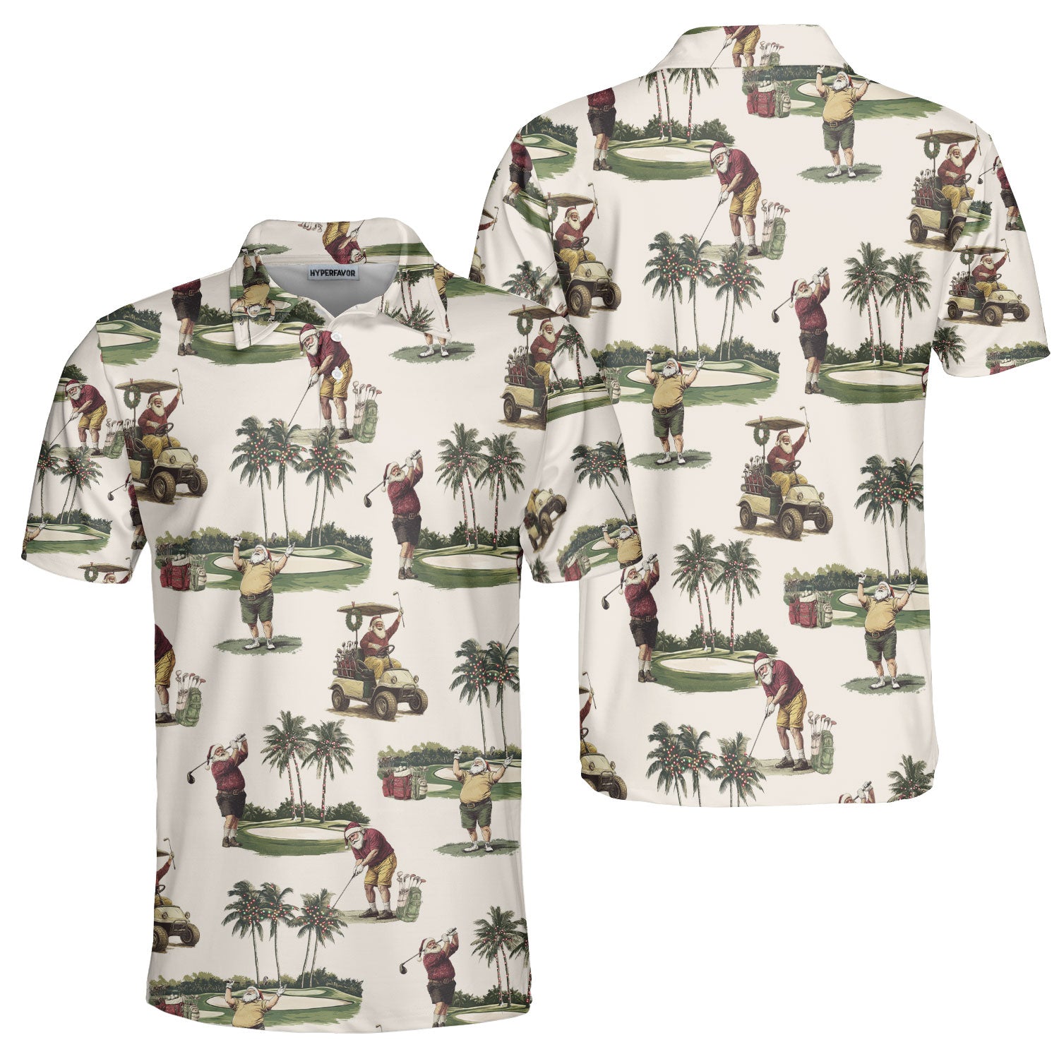 Men's Ivory Tropical Santa Golfing Polo Shirts