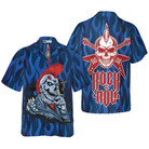 Punk Rock Skull Electric Guitar Hawaiian Shirt, Blue Flame Pattern Skull Rocker Hawaiian Shirt For Men