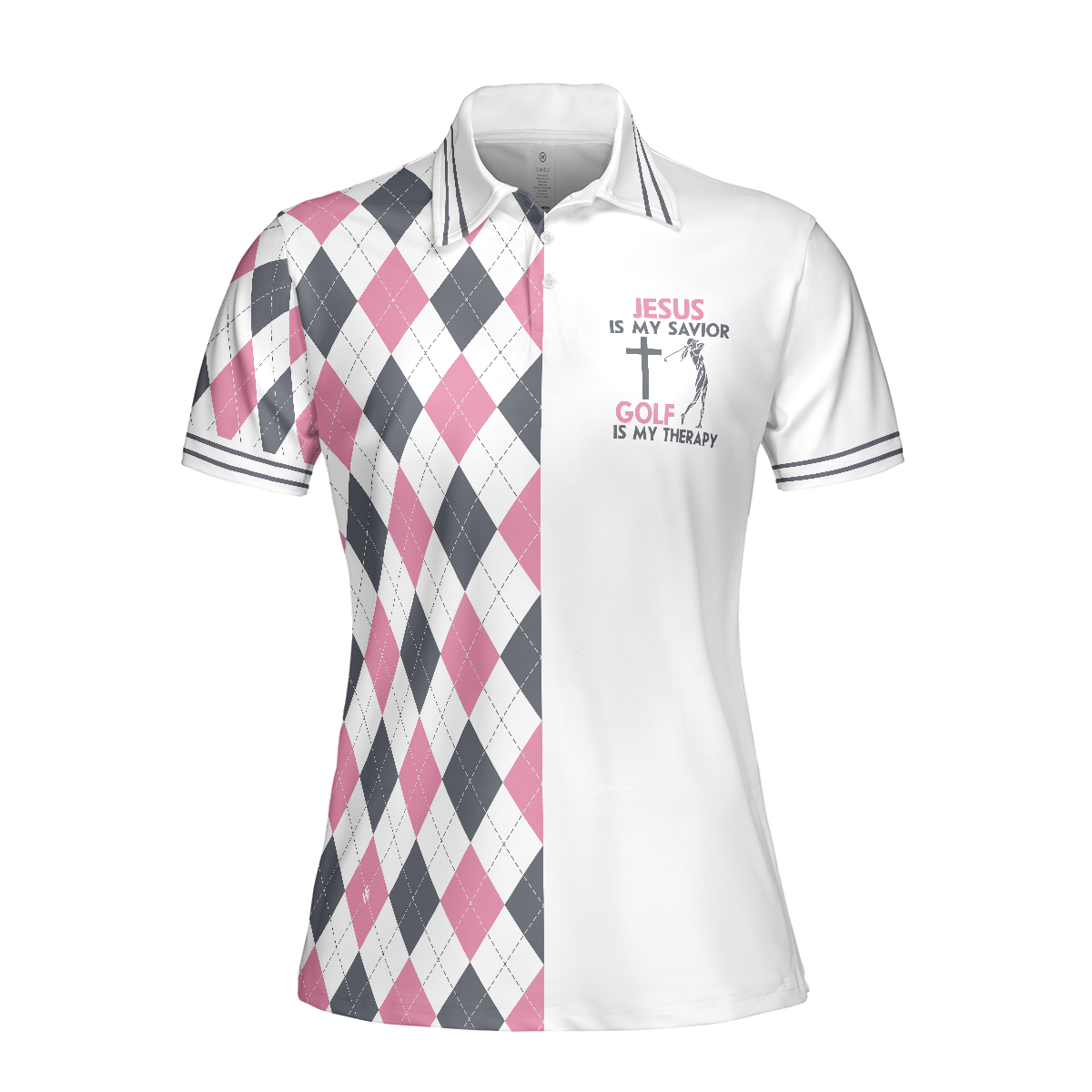 Jesus Is My Savior Golf Is My Therapy Short Sleeve Women Polo Shirt, Argyle Pattern Golf Shirt For Ladies