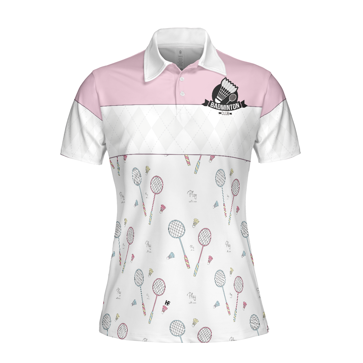 Play With Me Badminton Short Sleeve Women Polo Shirt, White And Pink Badminton Shirt For Women