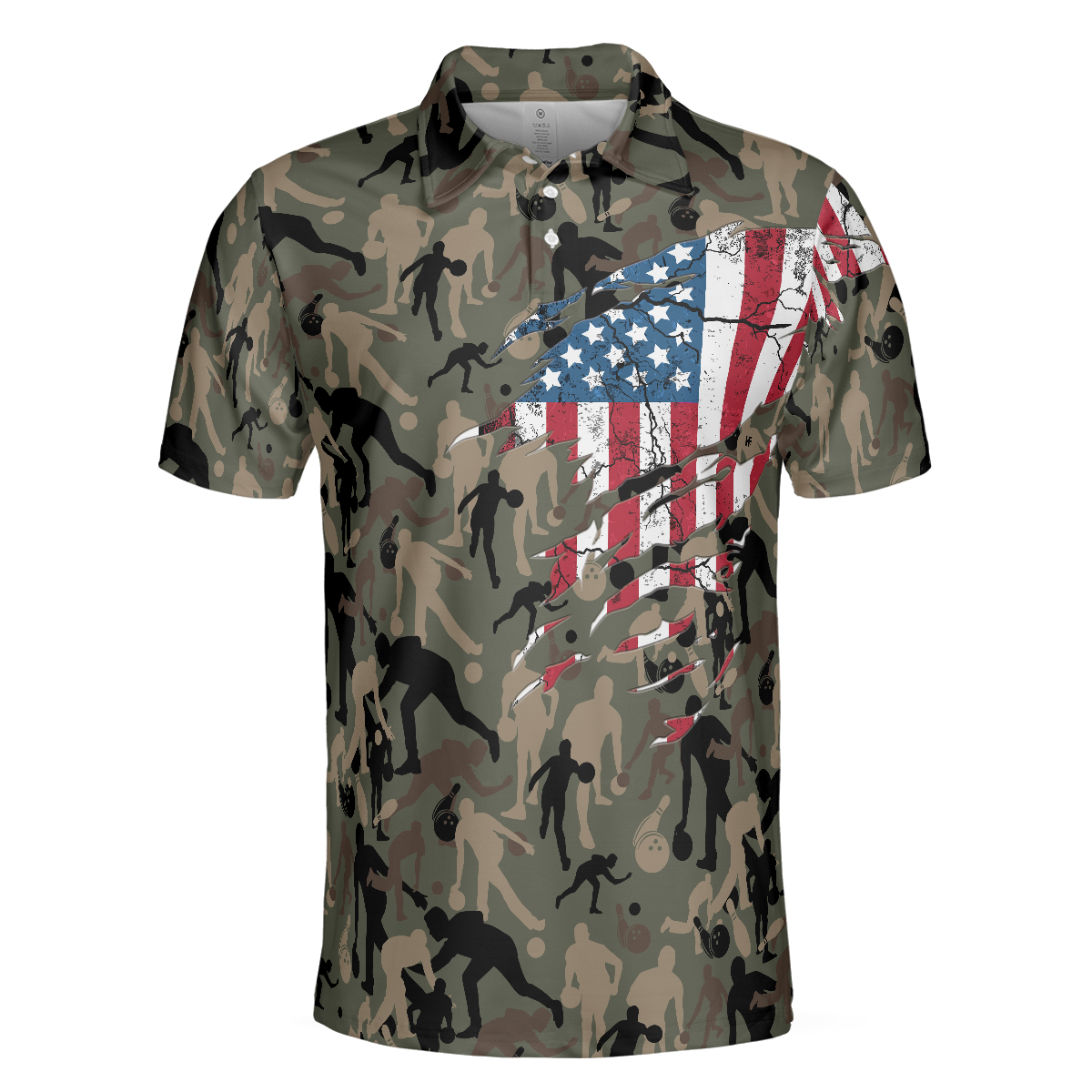 Bowling Camouflage American Eagle Flag Polo Shirt, American Flag Shirt For Patriotic Bowlers, Bowling Shirt For Men