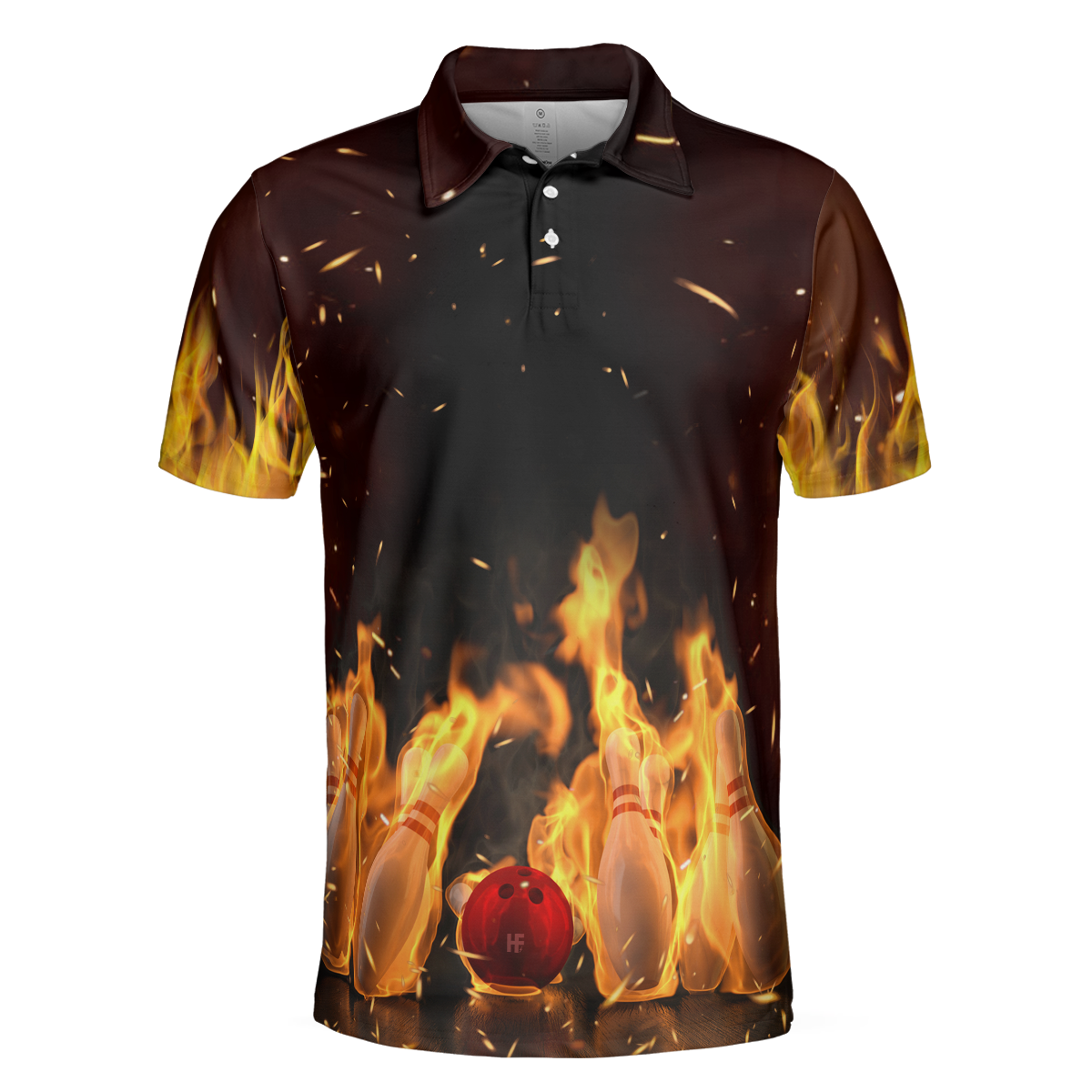 Pin Punisher Bowling Polo Shirt, Cool Flame Pattern Bowling Shirt Design For Male Bowlers, Best Bowling Shirt
