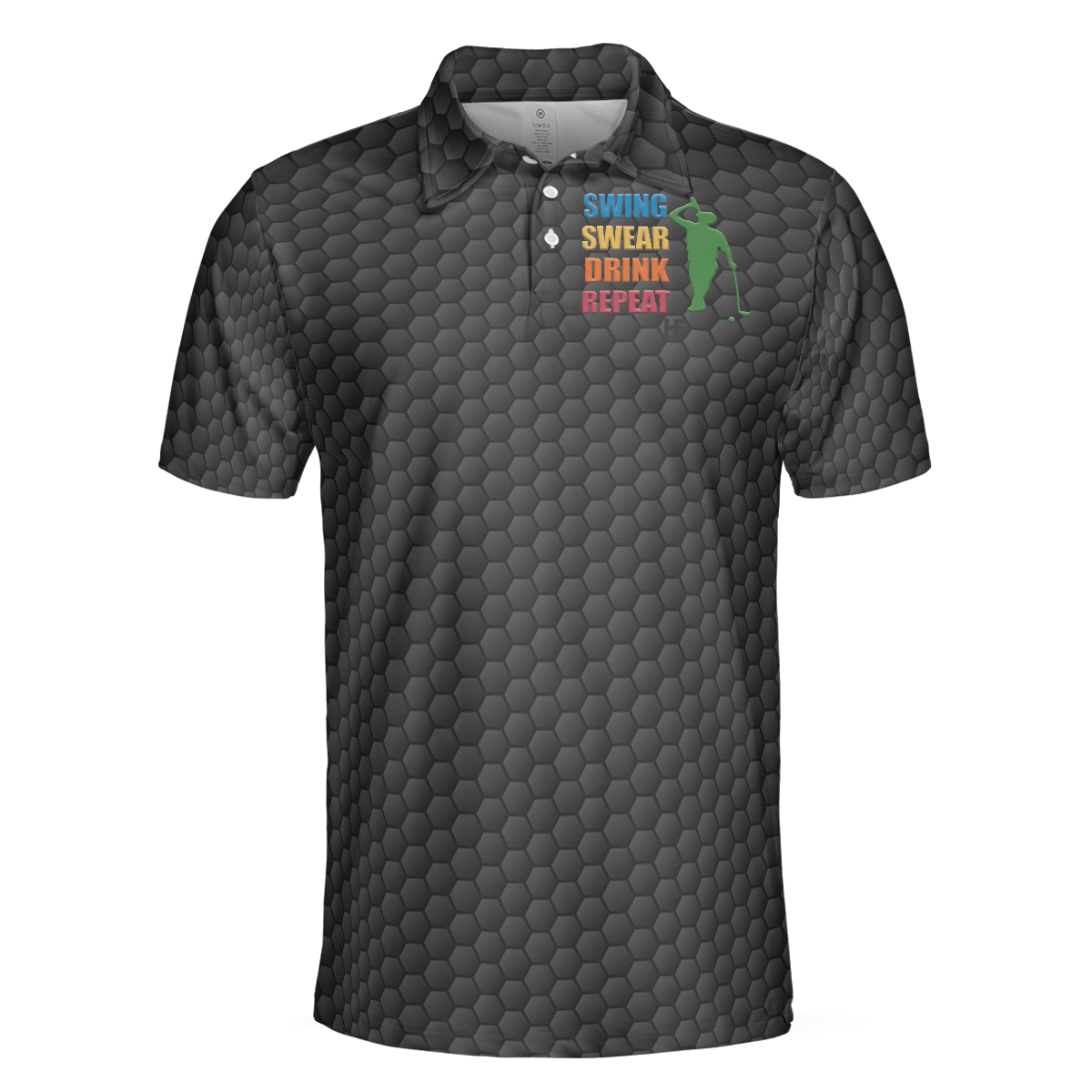 Golf Swing Swear Drink Repeat Polo Shirt, Black Golf Ball Pattern Shirt For Male, Funny Golf Shirt With Sayings