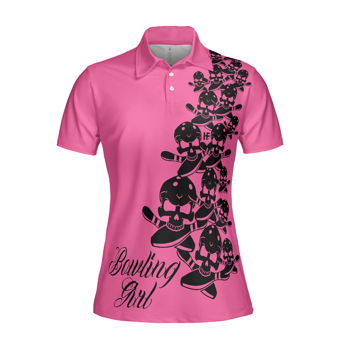 Bowling Girl Skull Short Sleeve Women Polo Shirt, Pink Skull Pattern Bowling Shirt For Female Players