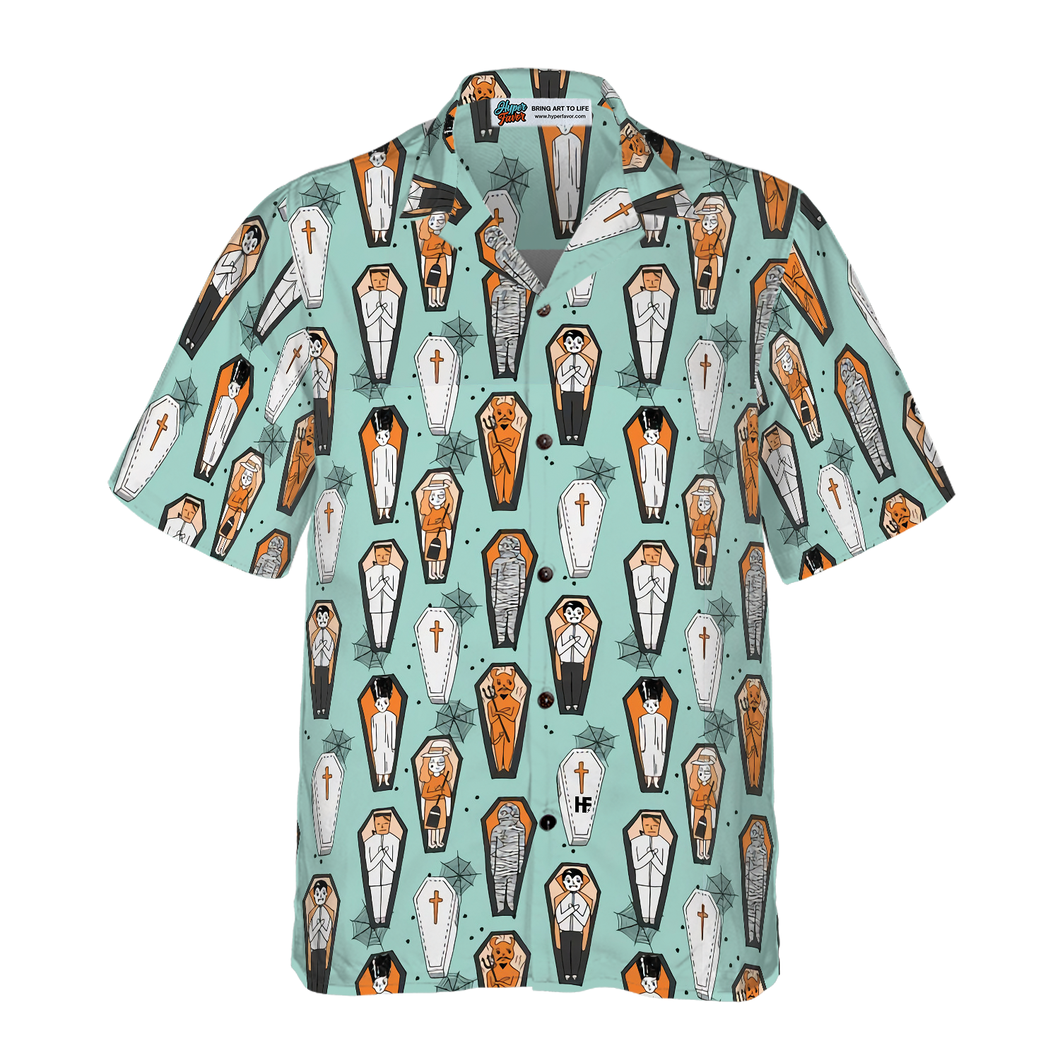 Vampire Coffins Halloween Shirt For Men, Arctic Blue Coffin Pattern Hawaiian Shirt