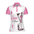 Queen Of The Golf Short Sleeve Women Polo Shirt, White And Pink Argyle Pattern Golf Shirt For Women