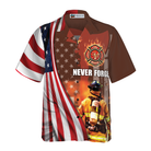 Never Forget Retired Firefighter American Flag Hawaiian Shirt, Red Axe And Logo Proud Firefighter Shirt For Men