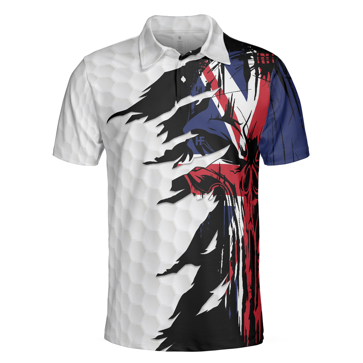 Skull United Kingdom Ripped Golf Short Sleeve Polo Shirt, Golf Pattern Polo Shirt, UK Golf Shirt For Men