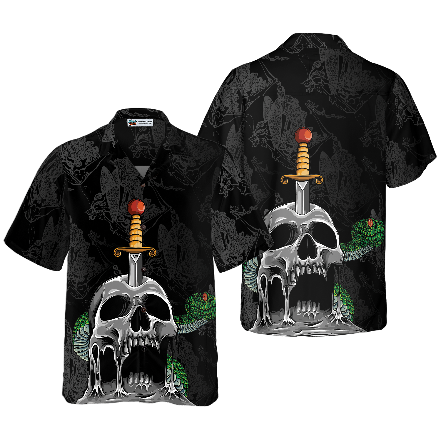 Skull & Snake Gothic Hawaiian Shirt, Dark Sword Melted Black Skull Hawaiian Shirt