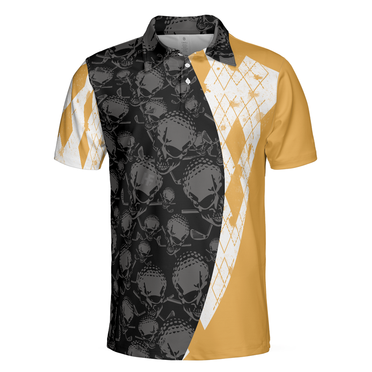Golf Coach Polo Shirt, Black Skull Pattern Golf Shirt For Male Golfers, Argyle Pattern Golfing Shirt