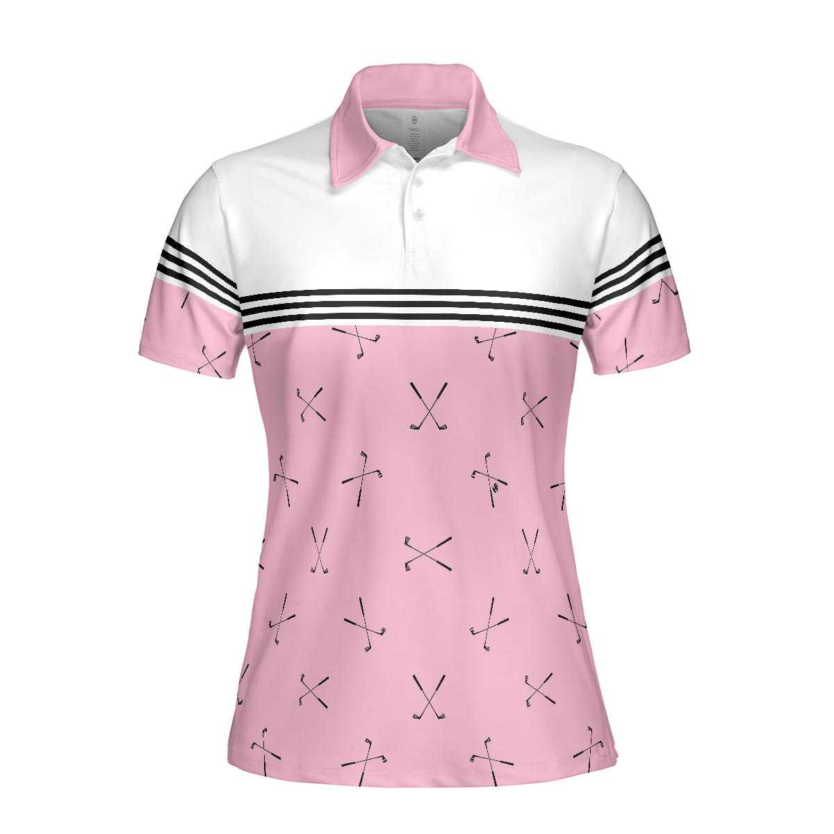 Hole In One Pink Golf Short Sleeve Women Polo Shirt, Golf Club Repeat Pattern Golfing Shirt, Pink Shirt For Women
