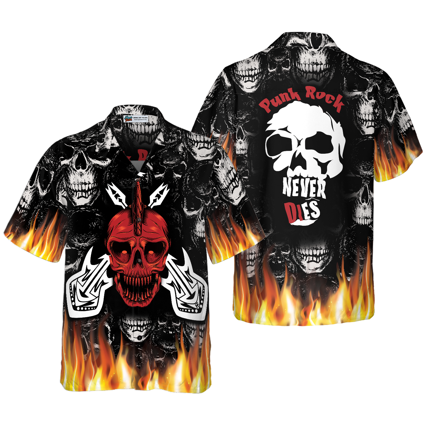 Punk Rock Never Dies Gothic Hawaiian Shirt, Flame Electric Guitar Crossbones And Skull Hawaiian Shirt