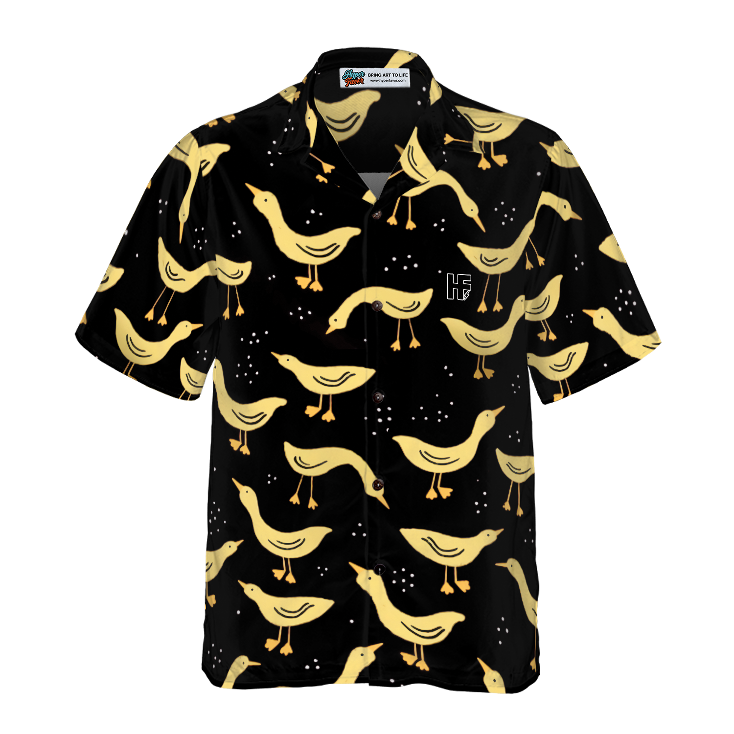 Ducks In Darkness Hawaiian Shirt For Men, Black And Yellow Banana Duck Pattern Hawaiian Shirt