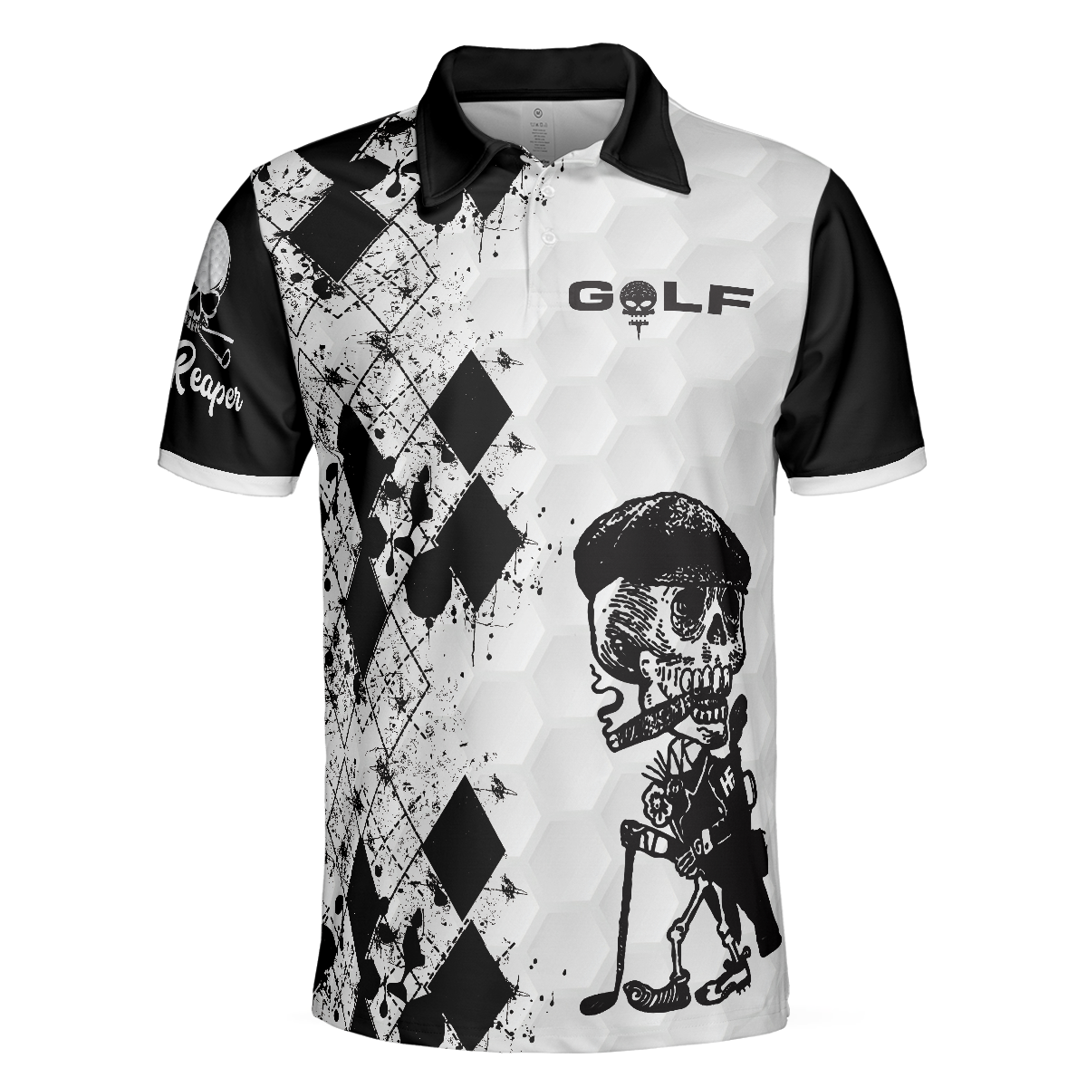 Skull Golf Reaper Polo Shirt, Black And White Argyle Pattern Polo Shirt, Best Golf Shirt For Men