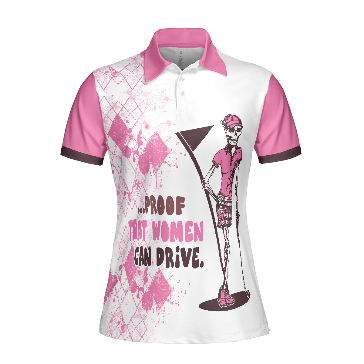 Ladies Mrs. Bones Golf Pink Argyle Short Sleeve Women Polo Shirt, Proof That Women Can Drive White And Pink Golf Shirt For Ladies