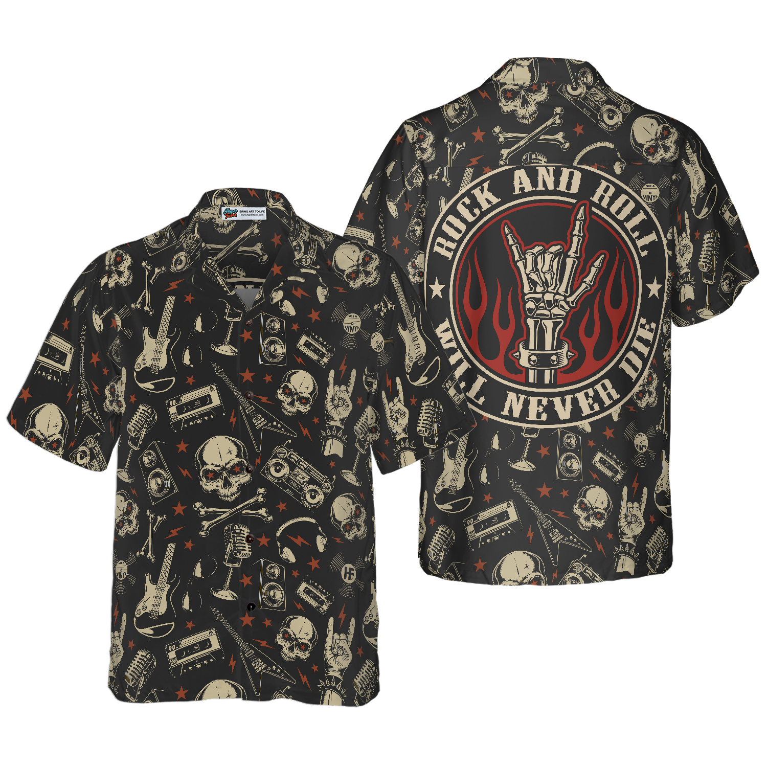 Rock N Roll Will Never Die Hawaiian Shirt, Electric Guitar Skull And Crossbones Hawaiian Shirt