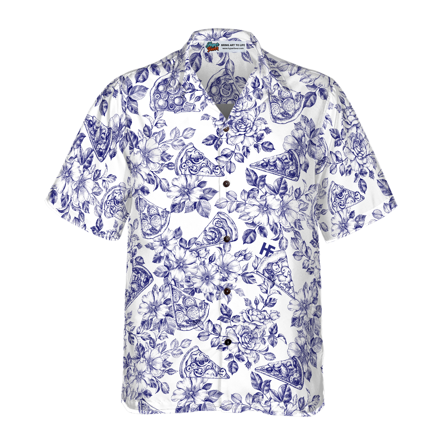 Blue Floral Pizza Pattern Shirt Hawaiian Shirt