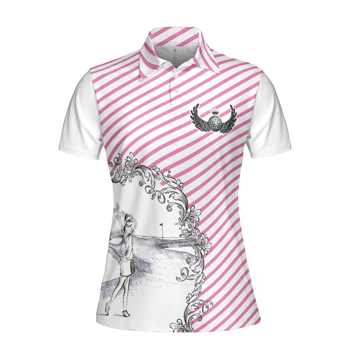 Pink Striped And Sketching Golf Girl Golf Short Sleeve Women Polo Shirt, Best Golfing Shirt For Ladies