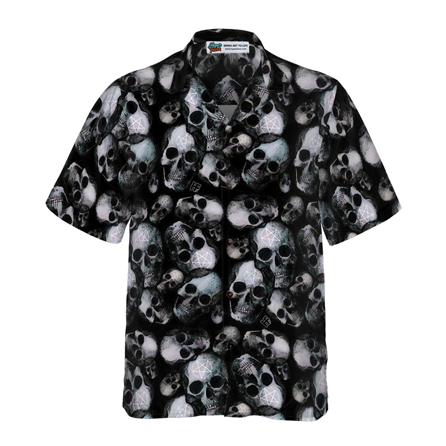 Pentagram Gothic Skull Hawaiian Shirt For Men, Black Skull Pattern All Over Print Hawaiian Shirt
