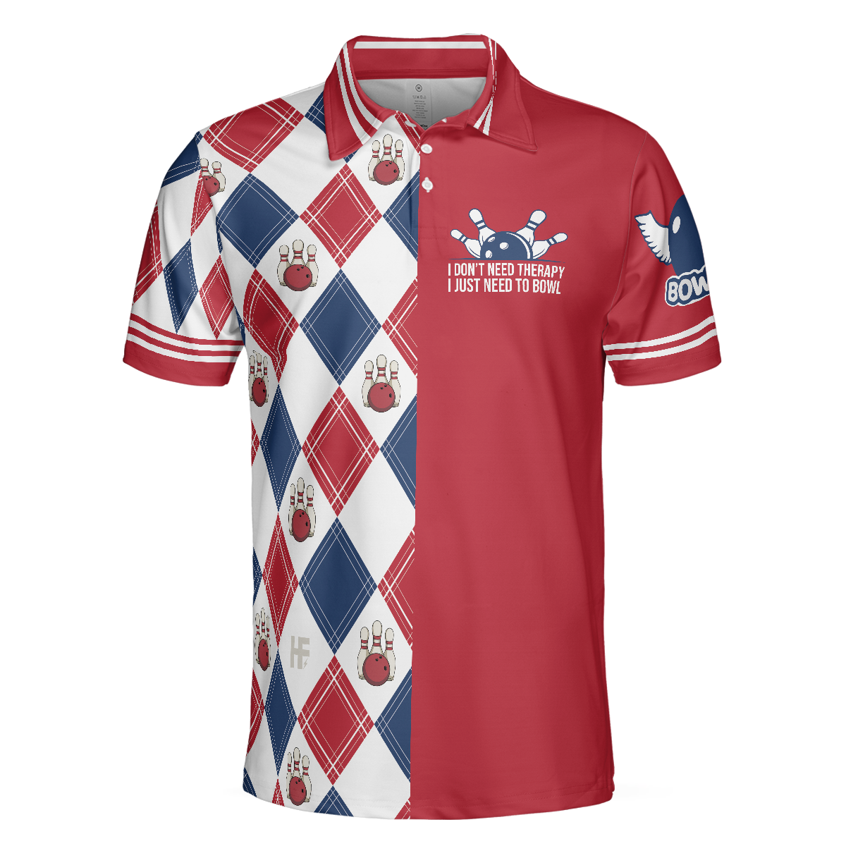 I Don't Need Therapy I Just Need To Bowl Polo Shirt, Argyle Pattern Bowling Shirt For Men, Gift For Bowling Lovers