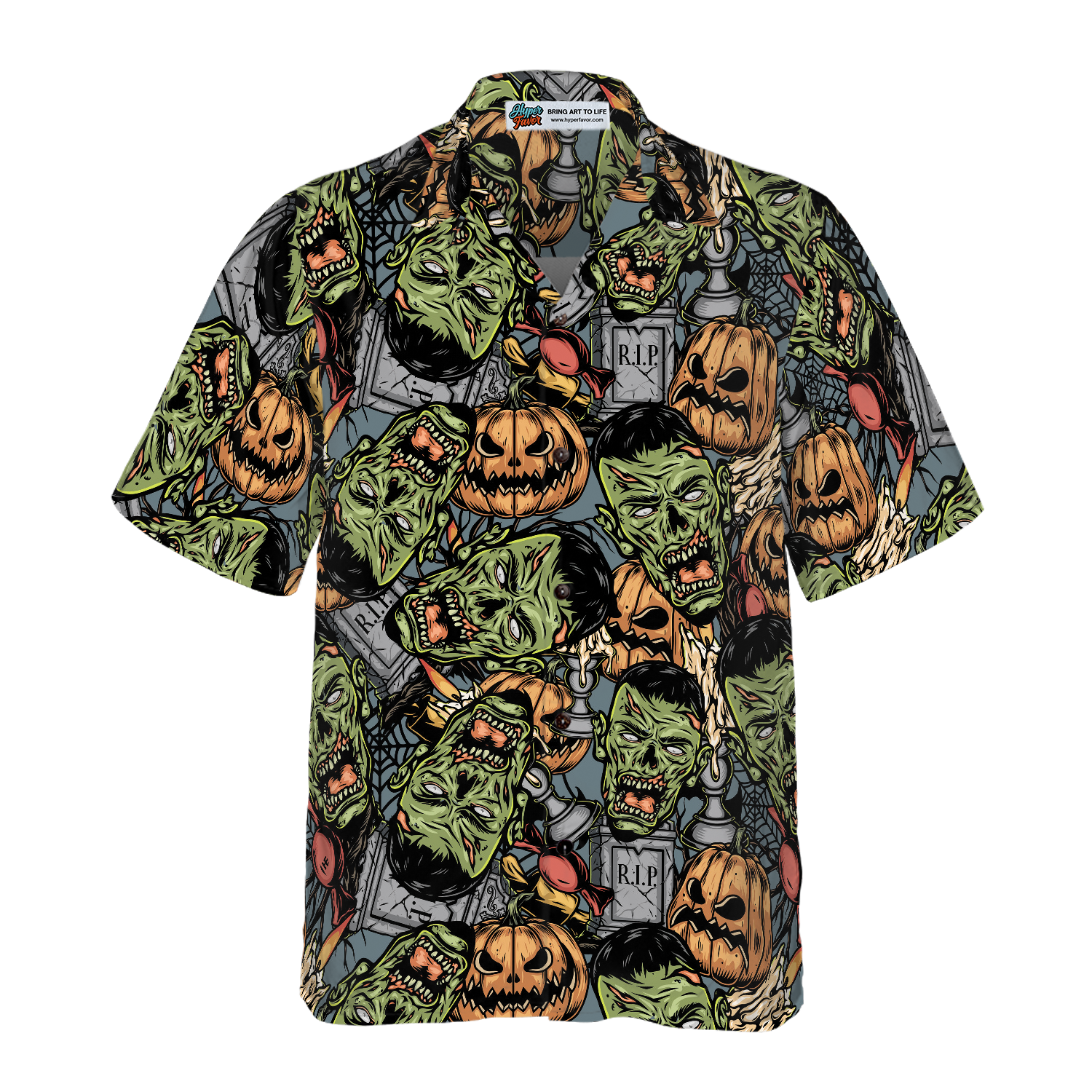 Halloween Monsters Hawaiian Shirt For Men, Rip Grave Board Frankenstein And Jack-o'-lantern Pumpkin Hawaiian Shirt