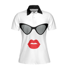 Sunglasses And Sexy Red Lips Golf Short Sleeve Women Polo Shirt, Unique White Golf Shirt For Ladies