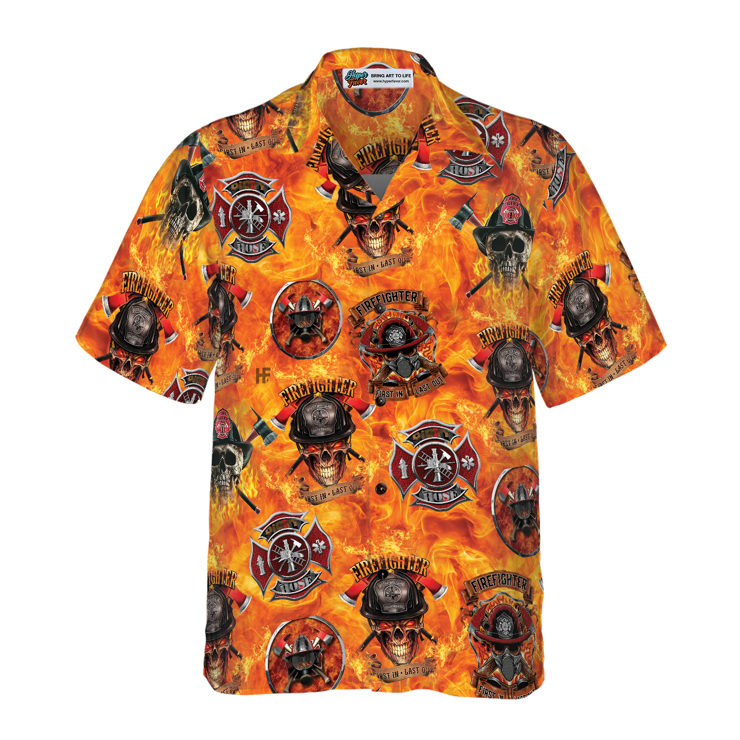 First In Last Out Firefighter Hawaiian Shirt, Viking Style Flame Skull Shield Firefighter Shirt For Men
