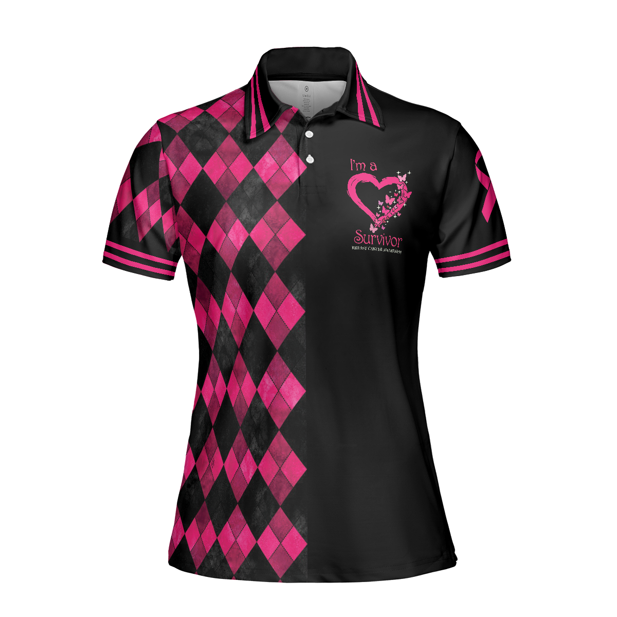 I'm A Survivor Breast Cancer Awareness Short Sleeve Women Polo Shirt, Black And Pink Argyle Pattern Shirt