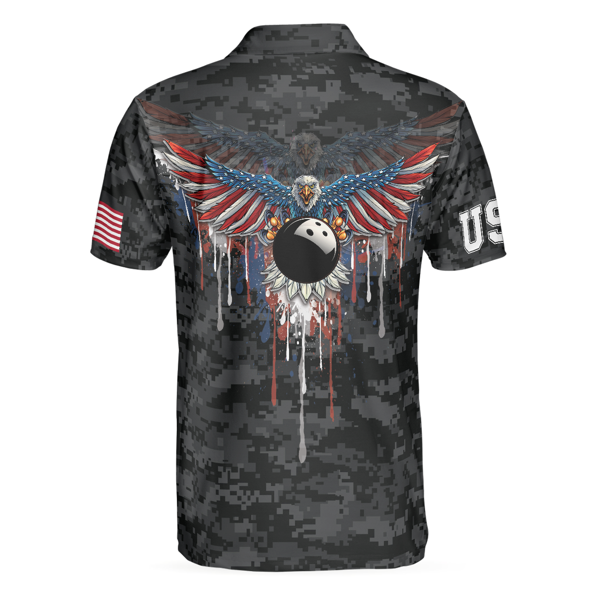 America Eagle Bowling Polo Shirt, Camouflage USA Flag Bowling Shirt For Men