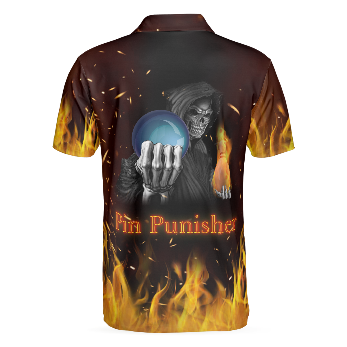 Pin Punisher Bowling Polo Shirt, Cool Flame Pattern Bowling Shirt Design For Male Bowlers, Best Bowling Shirt