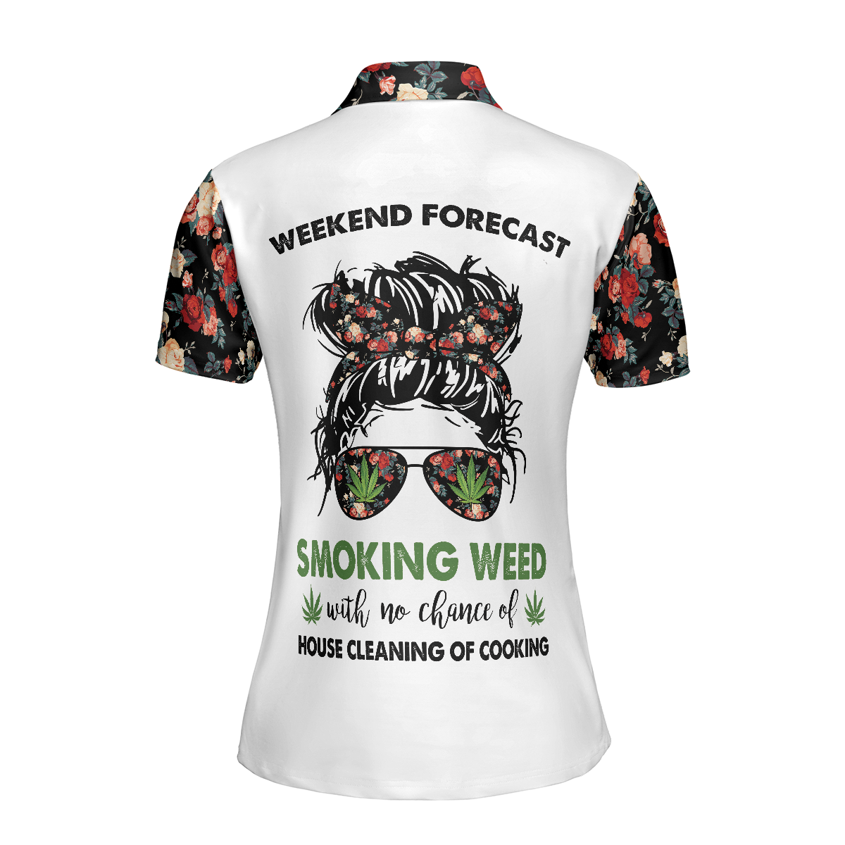 Weekend Forecast Smoking Weed Women Short Sleeve Polo Shirt, Floral And Weed Leaf Graphics Polo Shirt