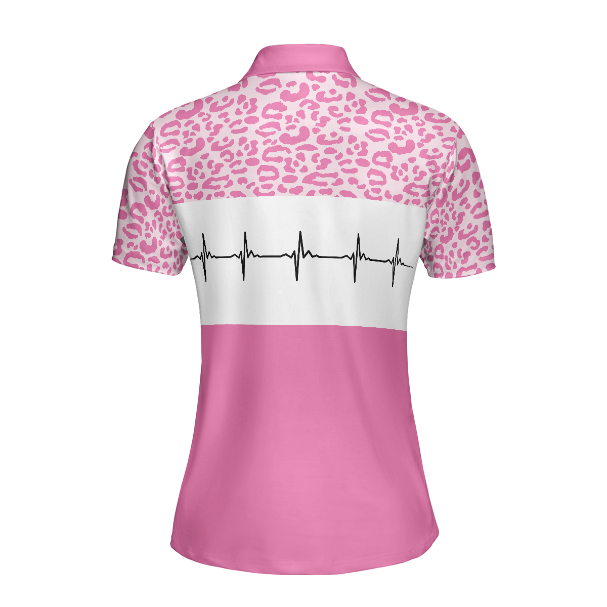 Pink Golfbeat Leopard Golf Short Sleeve Women Polo Shirt, Heartbeat Golfing Polo Shirt For Ladies