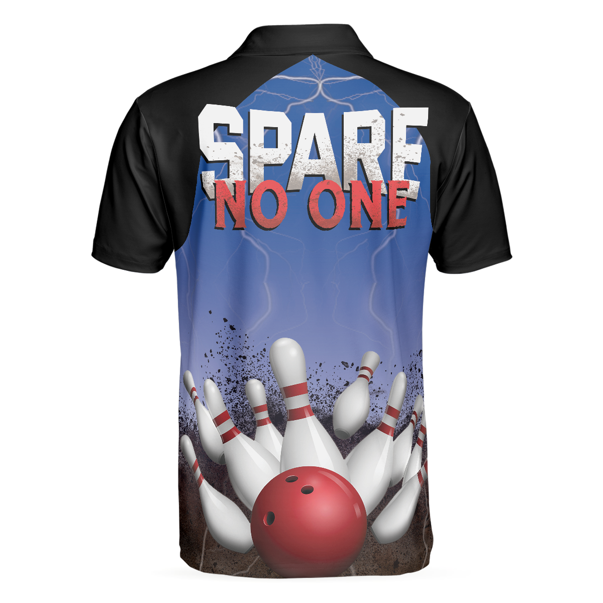 Spare No One Bowling Polo Shirt, Black And Blue Tenpin Bowling Shirt For Men, Cool Bowling Gift Idea