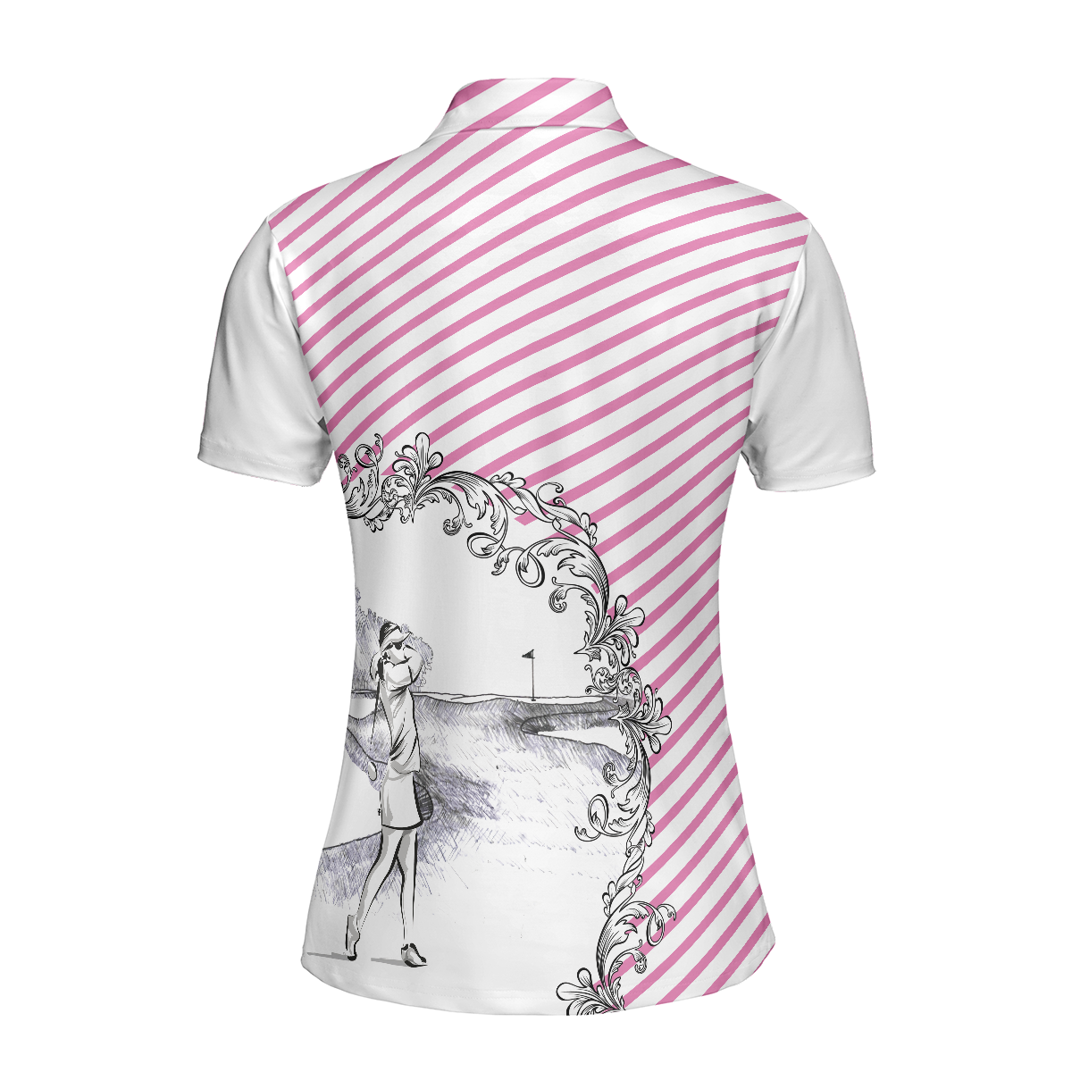 Pink Striped And Sketching Golf Girl Golf Short Sleeve Women Polo Shirt, Best Golfing Shirt For Ladies