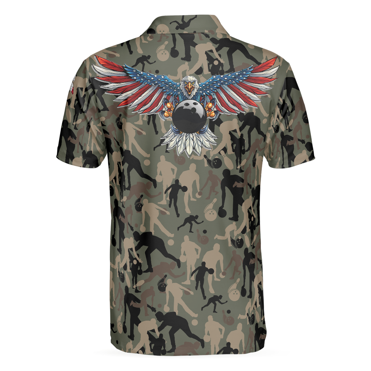 Bowling Camouflage American Eagle Flag Polo Shirt, American Flag Shirt For Patriotic Bowlers, Bowling Shirt For Men