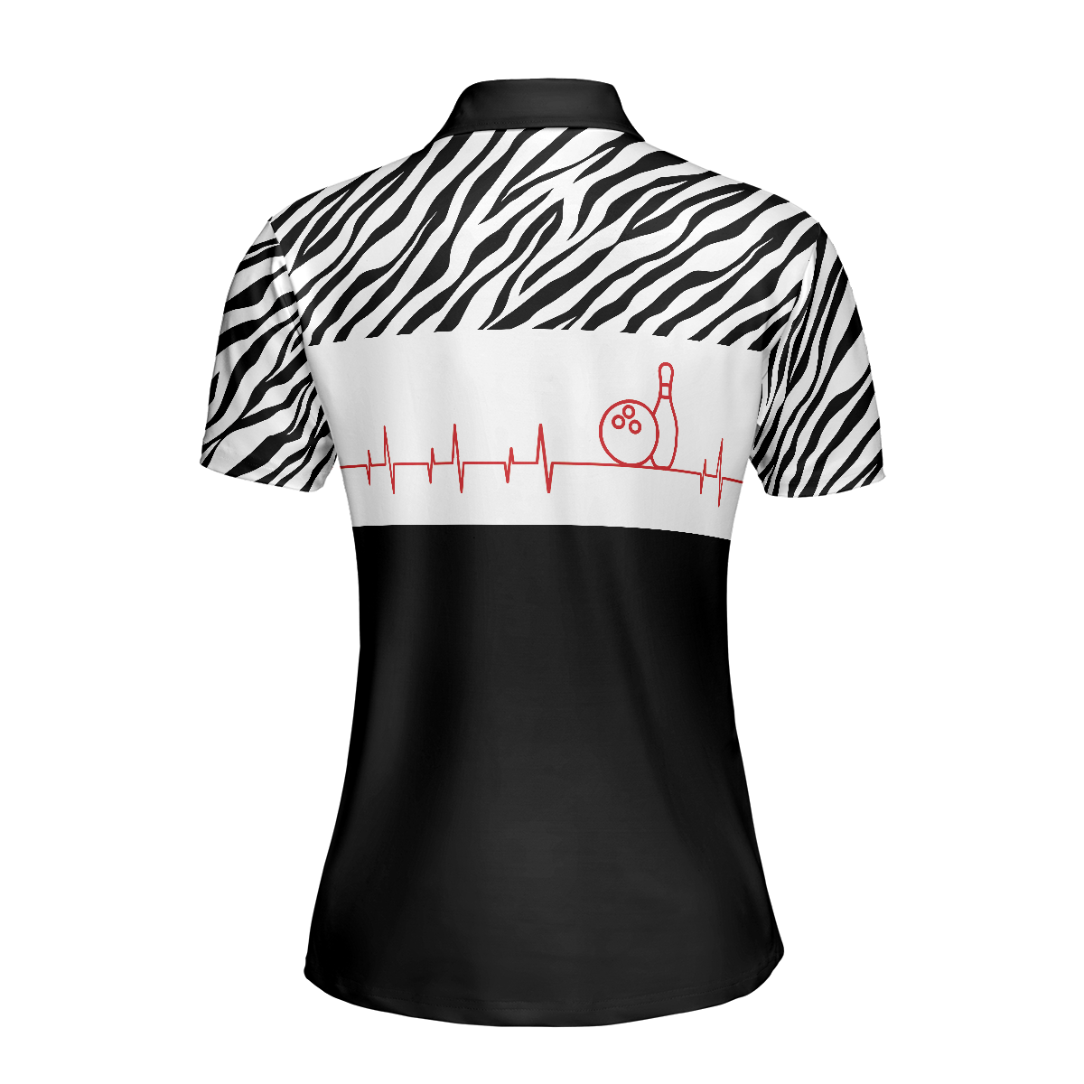 Bowling Heartbeat Zebra Pattern Short Sleeve Women Polo Shirt, Bowling Shirt For Ladies