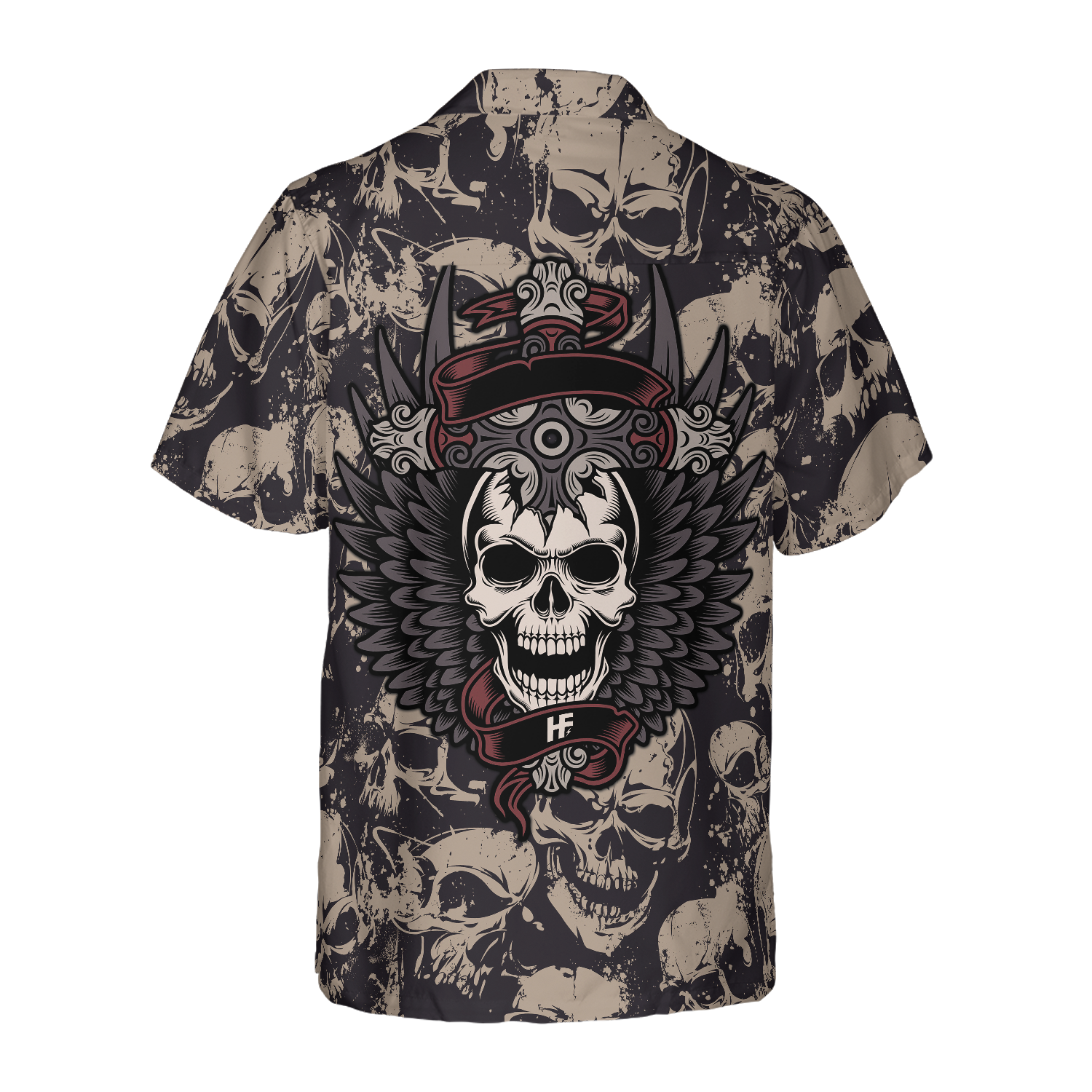 Gothic Winged Skull Hawaiian Shirt, Black And White Skull Pattern Hawaiian Shirt