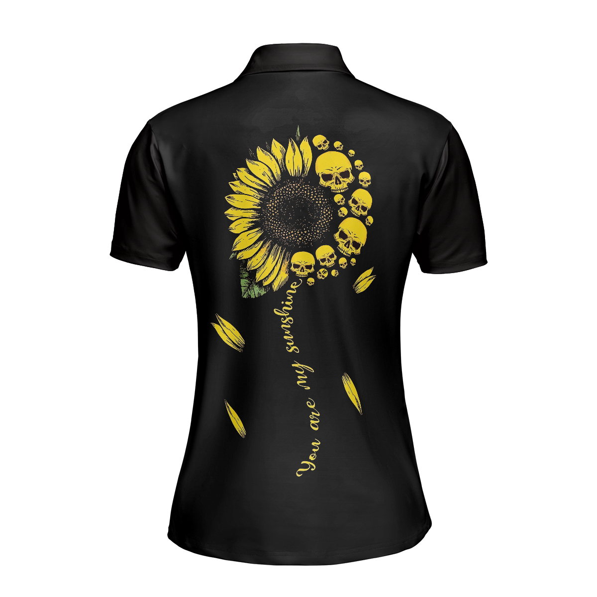 You Are My Sunshine Skull Sunflower Short Sleeve Women Polo Shirt, Black Skull Polo Shirt For Ladies