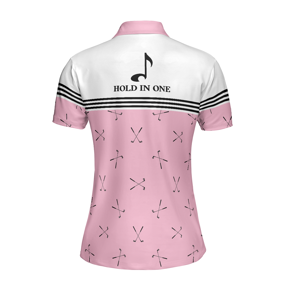 Hole In One Pink Golf Short Sleeve Women Polo Shirt, Golf Club Repeat Pattern Golfing Shirt, Pink Shirt For Women