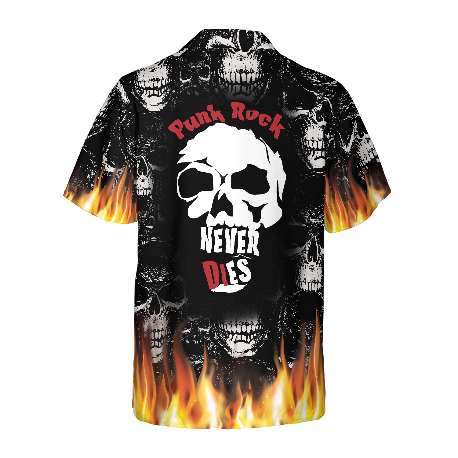 Punk Rock Never Dies Gothic Hawaiian Shirt, Flame Electric Guitar Crossbones And Skull Hawaiian Shirt