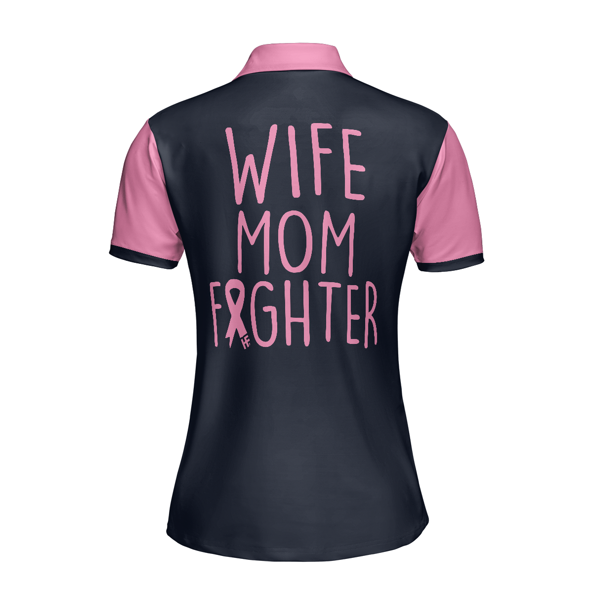 Wife Mom Fighter Short Sleeve Women Polo Shirt, Black And Pink Breast Cancer Ribbon Shirt For Mom