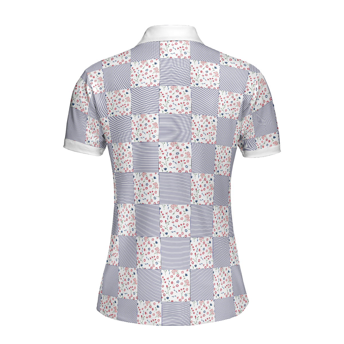 Little Flowers Blue Pink Plaid Short Sleeve Women Polo Shirt