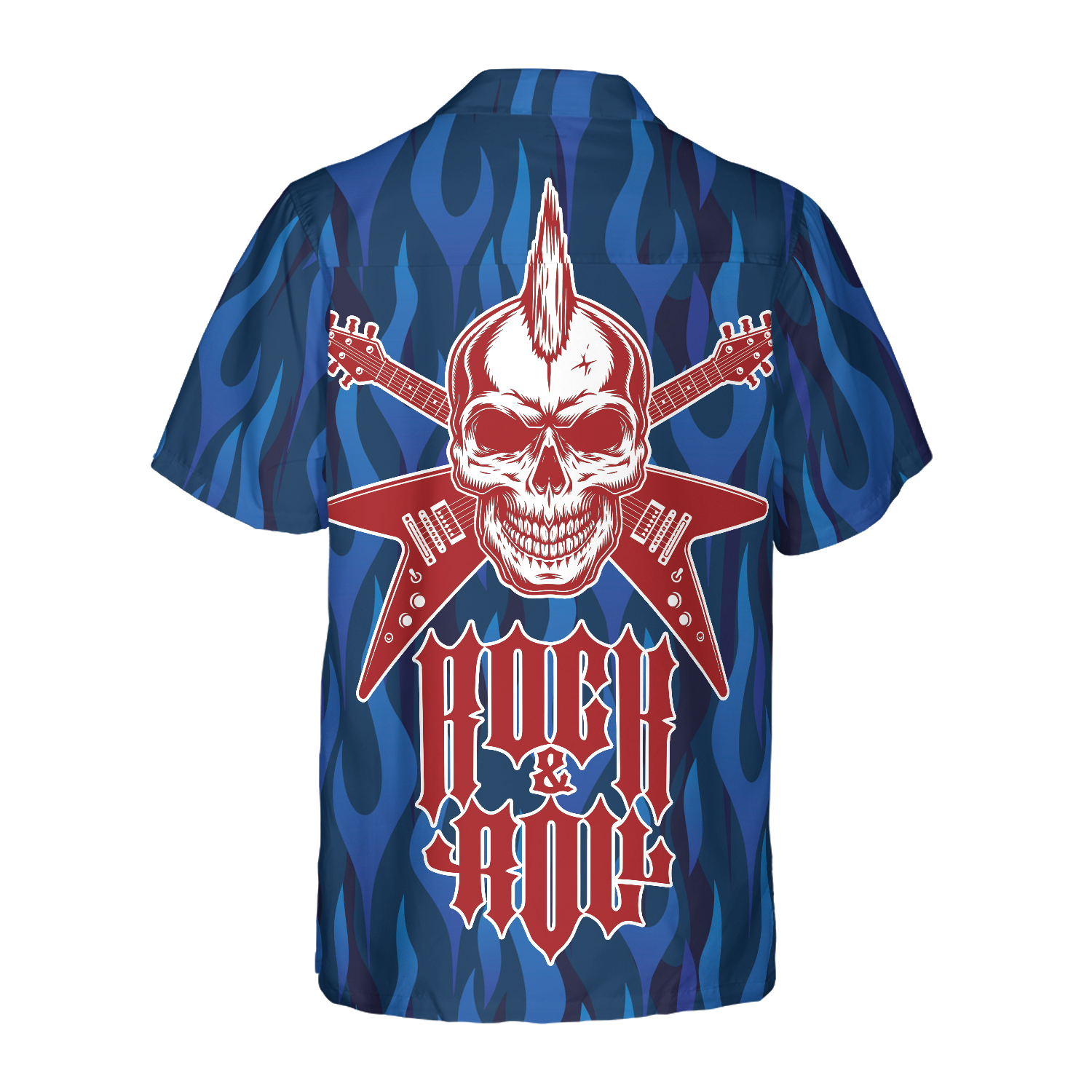 Punk Rock Skull Electric Guitar Hawaiian Shirt, Blue Flame Pattern Skull Rocker Hawaiian Shirt For Men