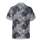 Japanese Red Flower Waves Hawaiian Shirt, Black And White Cherry Blossom Abstract Floral Hawaiian Shirt