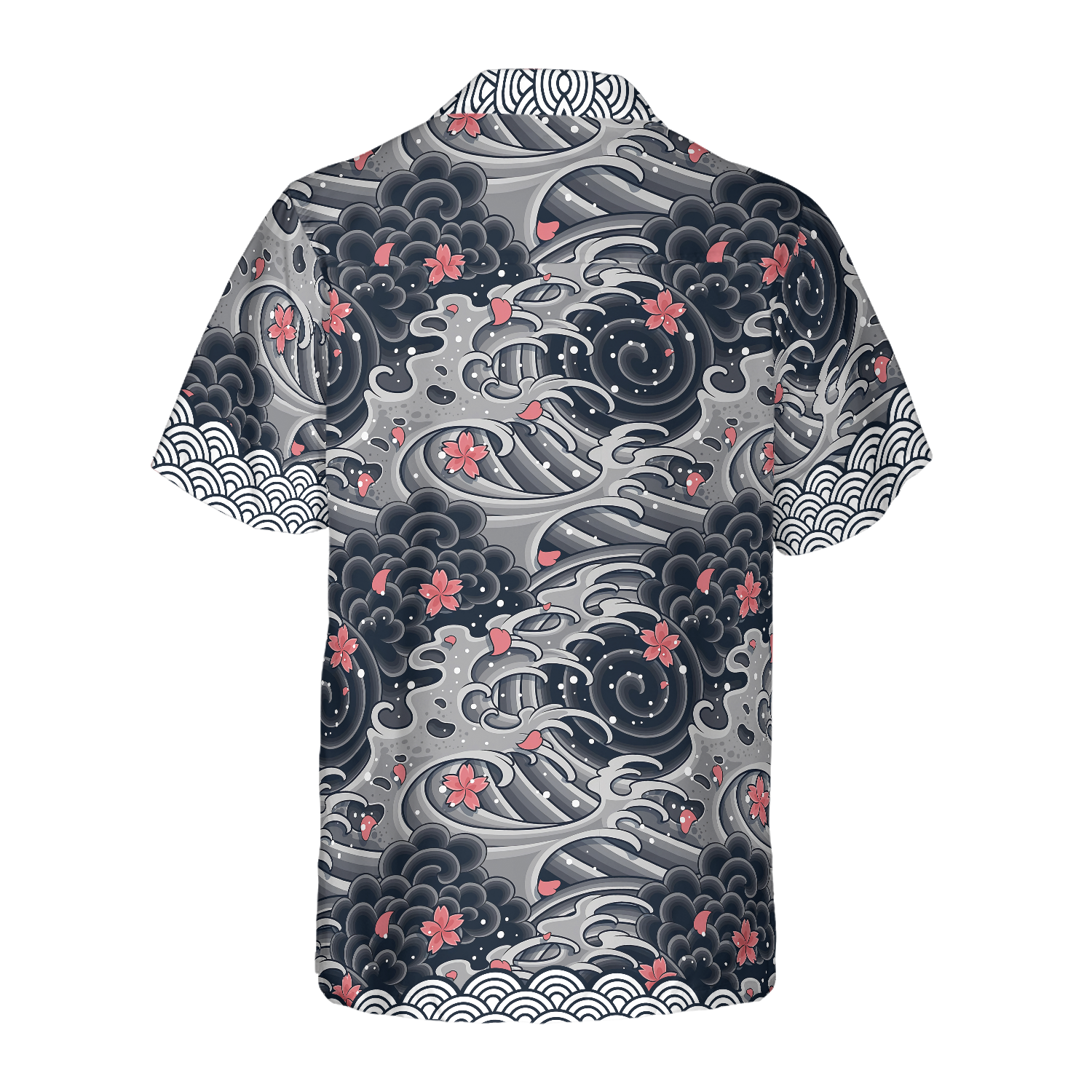 Japanese Red Flower Waves Hawaiian Shirt, Black And White Cherry Blossom Abstract Floral Hawaiian Shirt