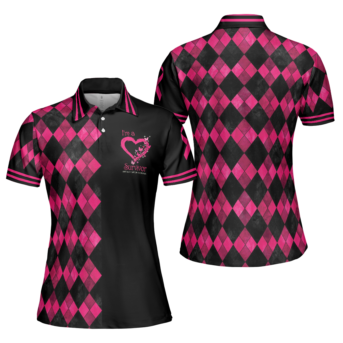I'm A Survivor Breast Cancer Awareness Short Sleeve Women Polo Shirt, Black And Pink Argyle Pattern Shirt