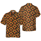 Grinning Black Cats Halloween Hawaiian Shirt For Men, Black And Pumpkin Orange Harlequin Pattern Hawaiian Shirt