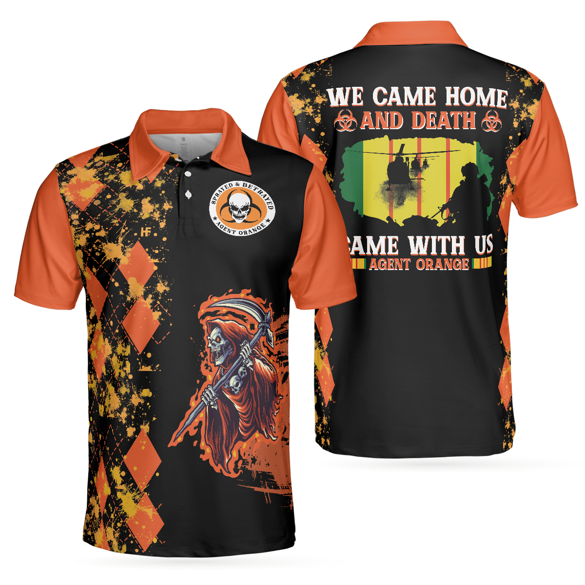 We Came Home And Death Came With Us Agent Orange Polo Shirt, Orange Argyle Pattern Shirt For Veterans